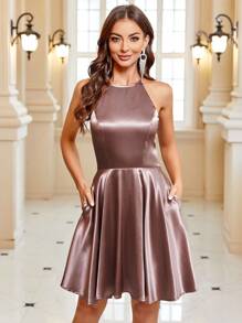 SHEIN Belle Solid Satin Cami Dress - Khaki - View 5