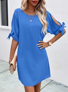 SHEIN Clasi Solid Knot Cuff Tunic Dress - Blue - View 6