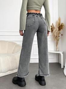 SHEIN Cottnline Paperbag Waist Ripped Raw Hem Straight Leg Jeans - Grey - View 2
