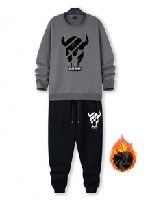 Manfinity Homme 男士字母圖案衛衣和衛褲 - 深灰色 - 查看 3