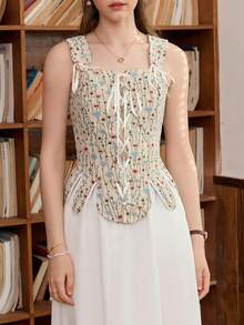 SHEIN MOD Ditsy Floral Print Lace Up Front Tank Top - Multicolor - View 5