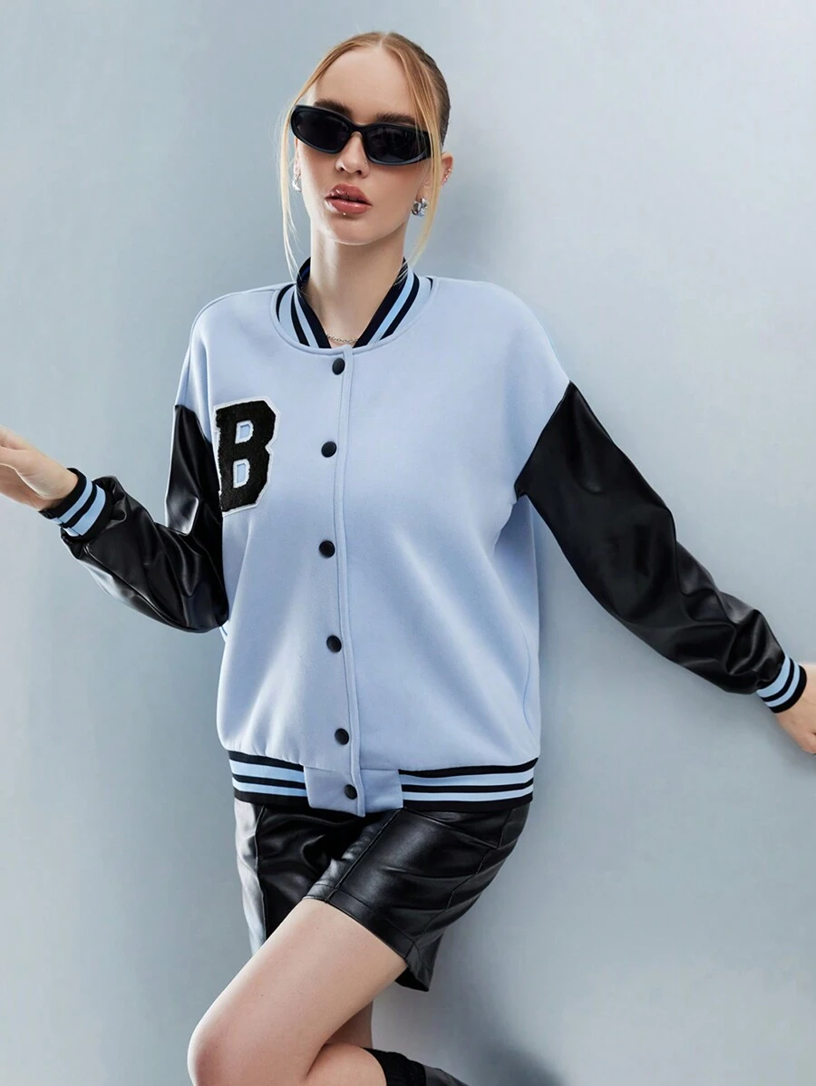 SHEIN Unity 字母貼布條紋飾邊落肩袖學院風夾克 - 彩色 - 查看 1