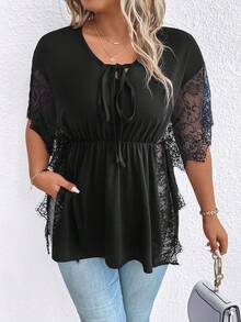 SHEIN Unity Hơn Ren tương phản Cà vạt Xoay eo Áo thun - màu đen - Xem 7