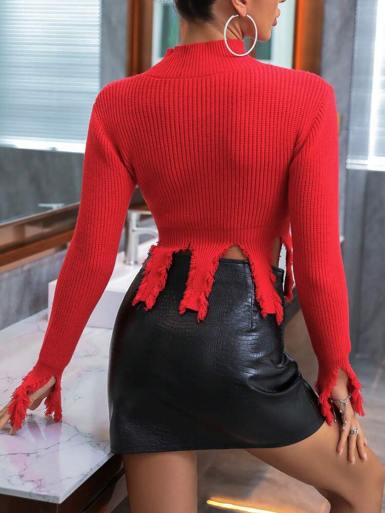 Mock Neck Asymmetrical Raw Hem Crop Knit Pullover Fall Winter Sweater