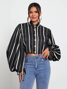 NeeshaValore Áo sơ mi tay lỡ in họa tiết sọc công sở thiết kế đơn giản không kèm thắt lưng, dành cho ngày lễ, kỳ nghỉ, công sở - Đen và trắng - Xem 6