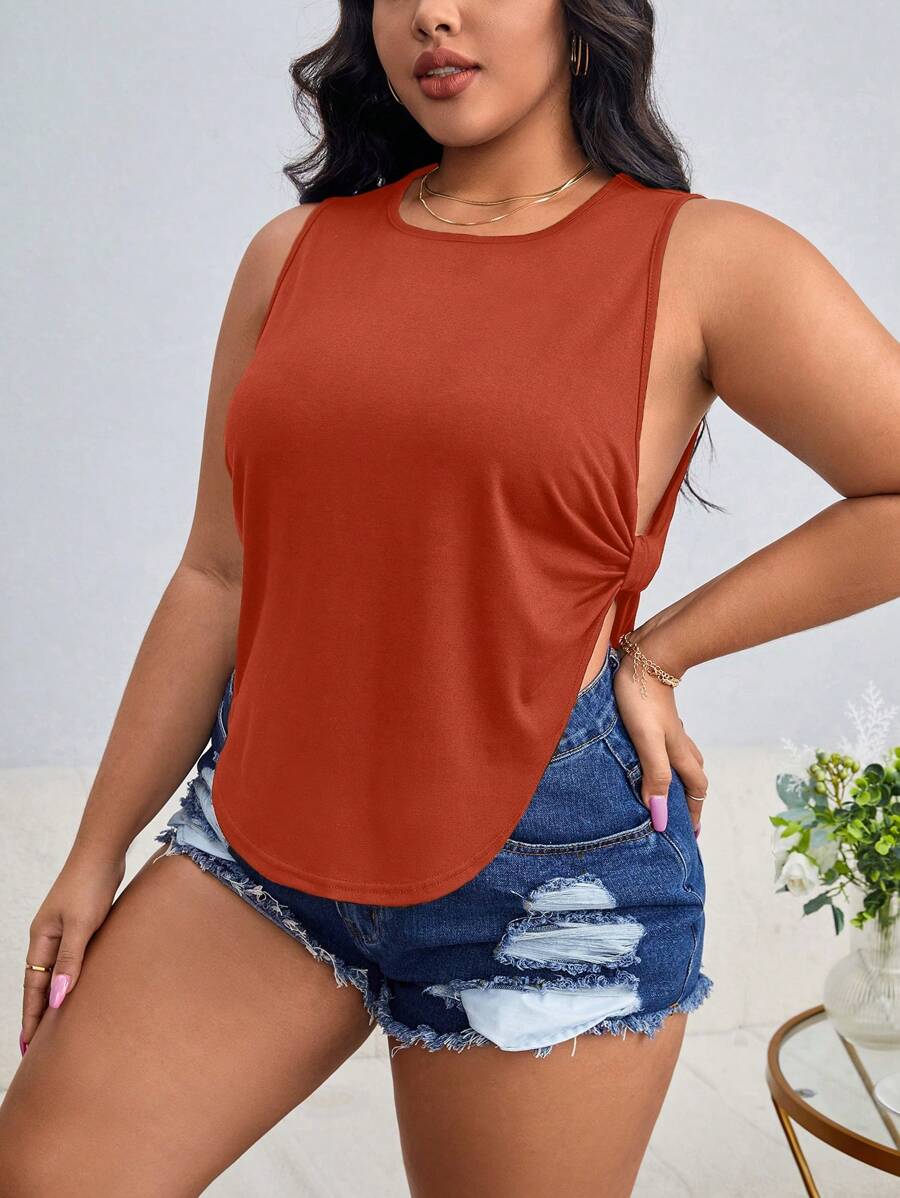 SHEIN Essnce 休閒扭結純色大尺碼背心 - 亮橙色 - 查看 1