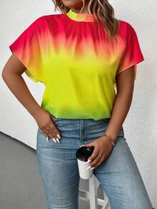 SHEIN LUNE Plus Ombre Batwing Sleeve Mock Neck Blouse - Multicolor - View 4