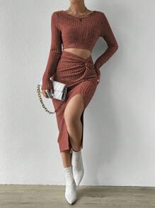 SHEIN Privé Mặt trước xoắn Cắt ra Tách đùi Áo phông Crop - Gỗ đỏ - Xem 3