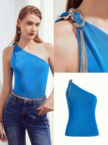 MOTF PREMIUM ONE SHOULDER CHAIN TOP - Blue - View 2