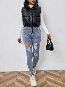 Aveloria Affinna Casual Solid Color Sleeveless Short Padded Padded Coat, Winter Clothes 