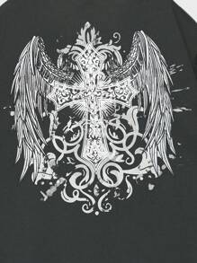 ROMWE MEN Goth Men Wings & Cross Print Tee - Dark Grey - View 3