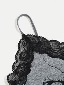 Y2Kool Robin Top de tirantes con encaje en contraste y estampado de calavera oscura, para verano, vacaciones, primavera, playa, salir, festival, Ibiza, se adapta a la colección de ropa casual de otoño, elegante, nuevos atuendos de año nuevo