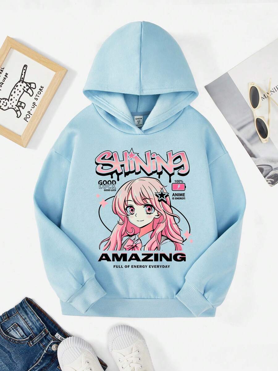 少女标语和人物图案保暖卫衣 - 淺藍色 - 查看 1