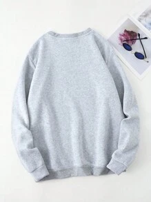 SHEIN EZwear Plus Cactus & Letter Graphic Thermal Pullover - Light Grey - View 2