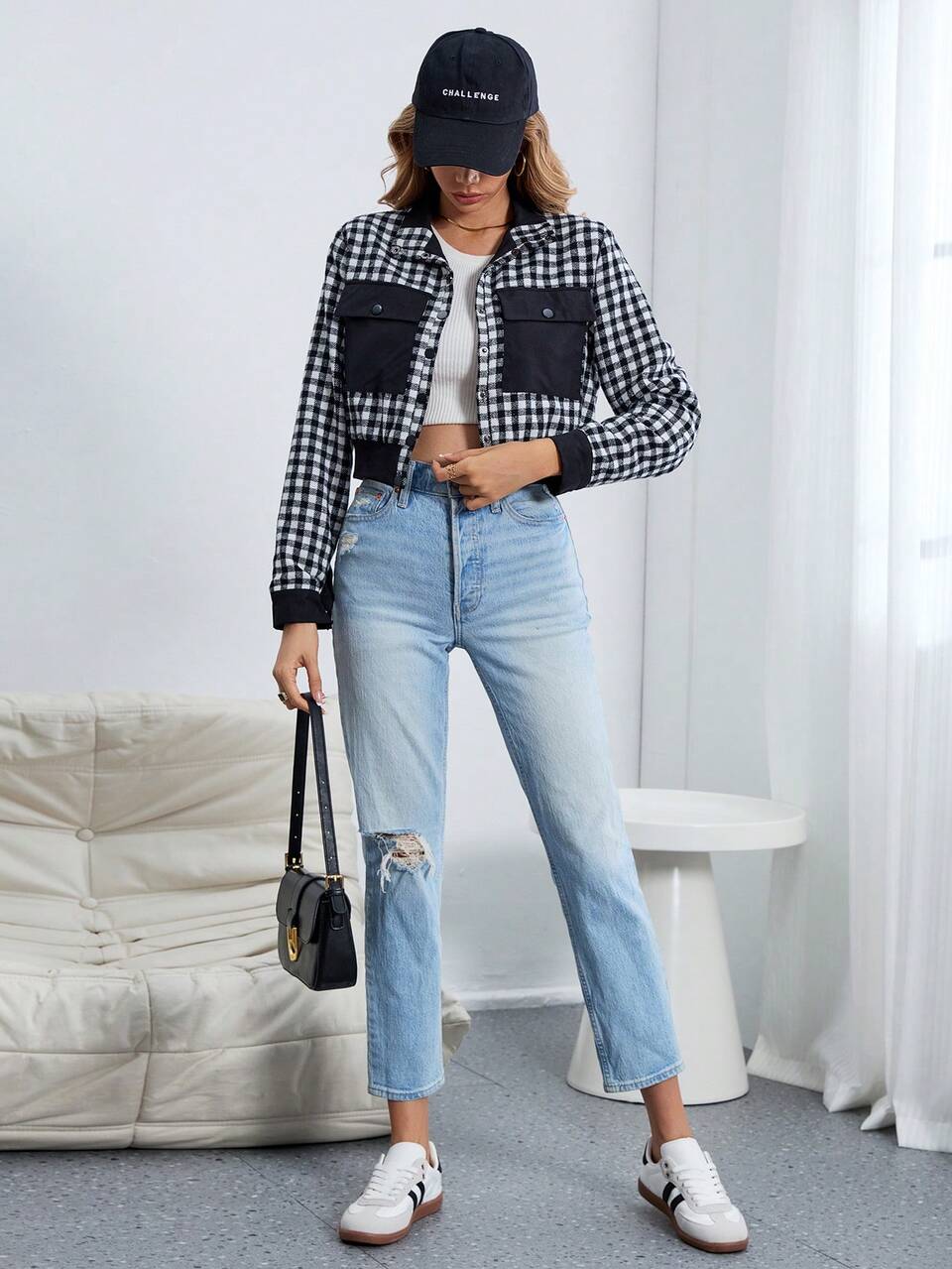Gingham Print Flap Pocket Overcoat