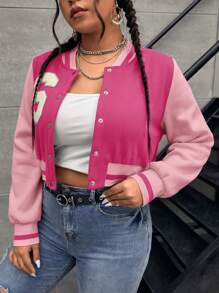 SHEIN EZwear Hơn Thư được vá Sọc trang trí Mùa vụ Áo khoác Đại học - Hồng - Xem 4