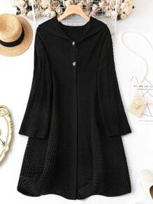 SHEIN LUNE 大碼前紐扣連帽開襟衫 - 黑色 - 查看 1