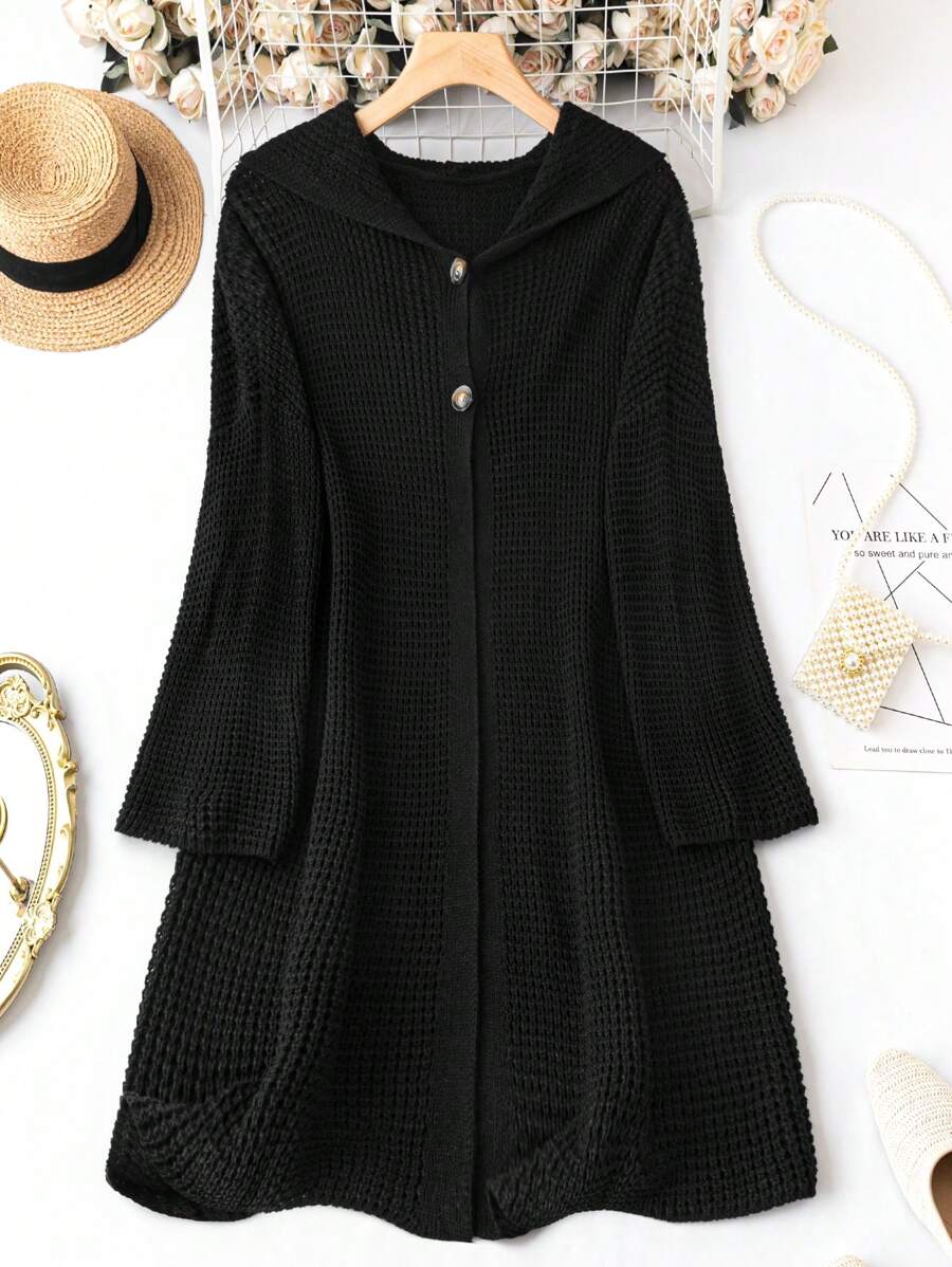 SHEIN LUNE 大碼前紐扣連帽開襟衫 - 黑色 - 查看 1