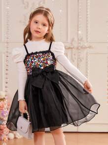 SHEIN Young Girl Mock Neck Gigot Sleeve Tee & Sequin Detail Cami Dress