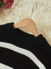 WovenCharm Wovencharm Tween Girl Striped Pattern Drop Shoulder Sweater - Black and White - View 4