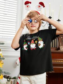 SHEIN Tween Boy 1pc Christmas Print Drop Shoulder Tee - Black - View 3