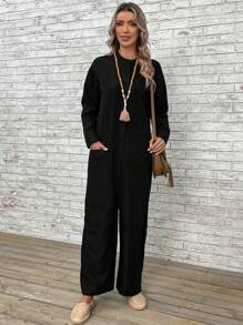 EMERY ROSE Solid Drop Shoulder Slant Pocket Wide Leg Jumpsuit - Black - View 4