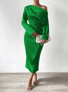 SHEIN Unity Cổ không đối xứng tay cánh Đầm - màu xanh lá - Xem 6