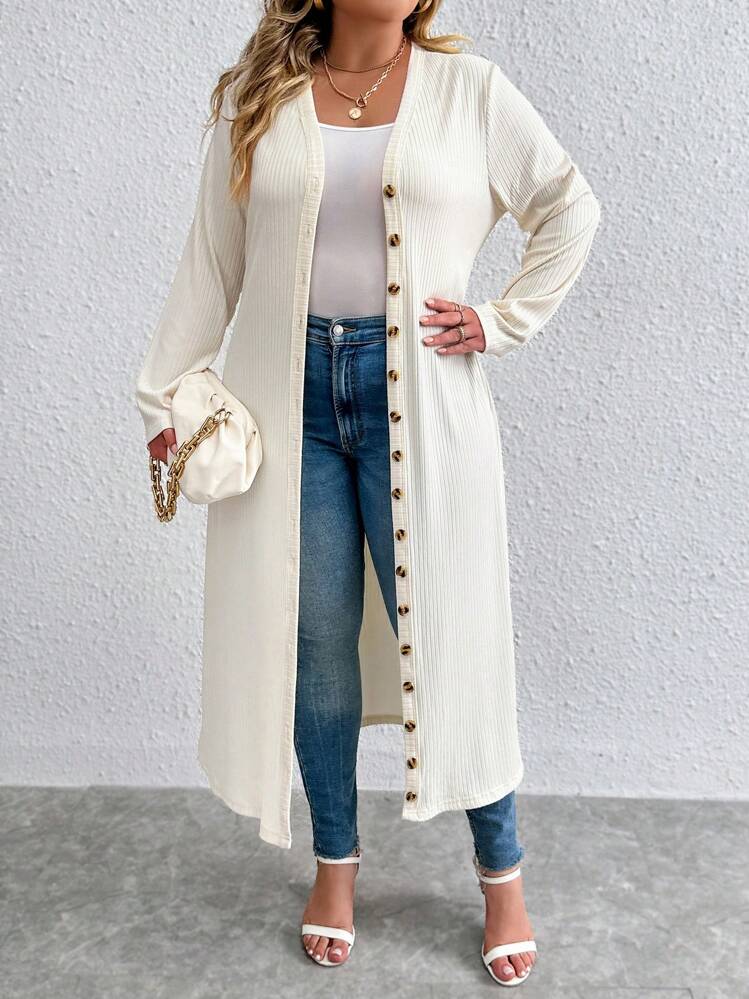 Calvaya 休閒羅紋針織 前紐扣純色大碼外套 - 杏色 - 查看 4