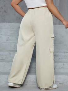 Eilly Bazar Plus Size Flap Pocket Side Drawstring Waist Cargo Pants Spring - Beige - View 2