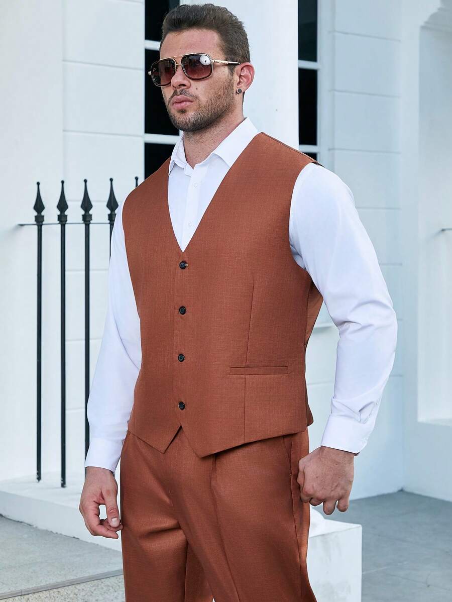 Manfinity Mode Men Plus Button Front Waistcoat - Brown - View 1