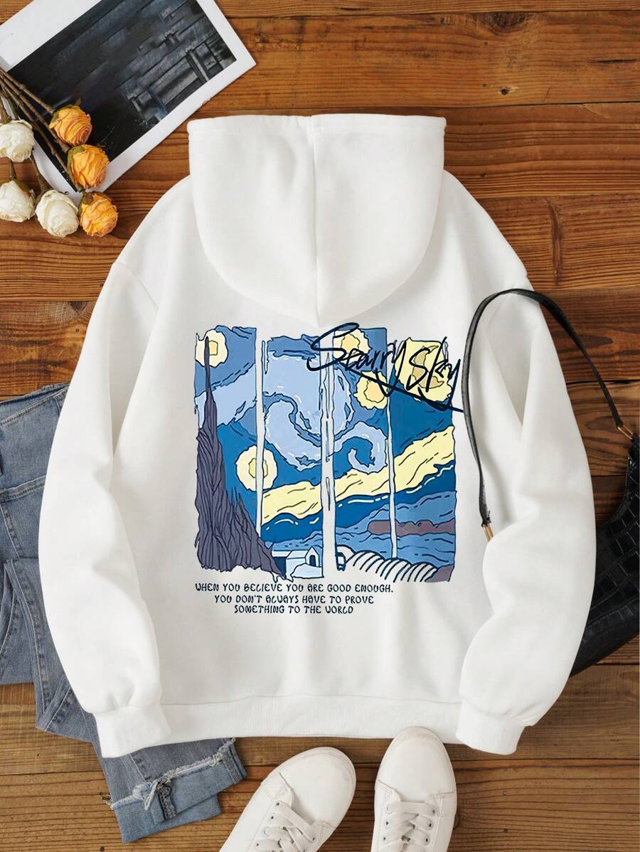 SHEIN EZwear 休閒抽繩 口袋標語女士衛衣 - 白色 - 查看 1