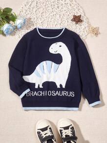 男小童恐龍&字母圖案條紋飾邊套頭毛衣 - 寶藍色 - 查看 1