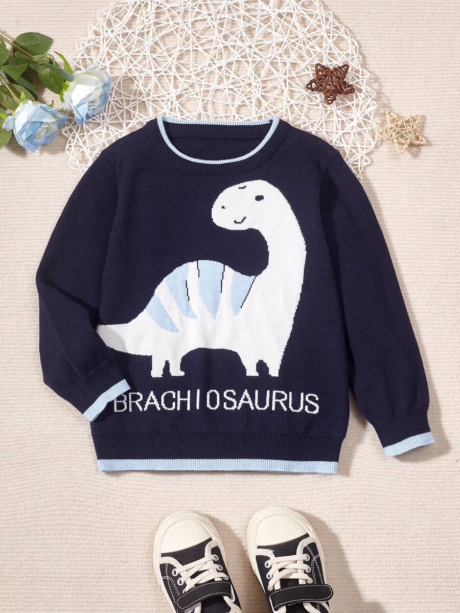 男小童恐龍&字母圖案條紋飾邊套頭毛衣 - 寶藍色 - 查看 1