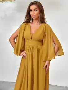 SHEIN Belle 深V領開叉袖伴娘禮服 - 黃色 - 查看 7