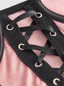 ROMWE Goth 前繫帶撞色滾邊吊帶上衣 - 粉色 - 查看 4