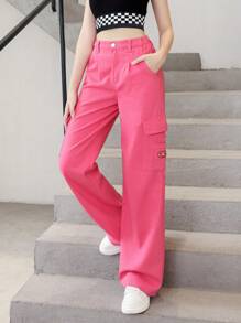 SHEIN 青少年女孩側翻蓋口袋工裝牛仔褲 - 玫紅色 - 查看 3