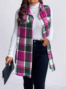 Calvaya 大碼格紋印花翻蓋細節無袖外套 - 玫紅色 - 查看 7