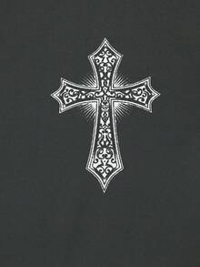 ROMWE MEN Goth Men Wings & Cross Print Tee - Dark Grey - View 4