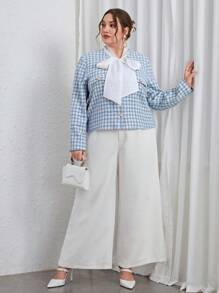 SHEIN Privé 大碼格紋印花繫帶領夾克 - 藍色 - 查看 4