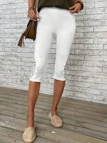 EMERY ROSE 水溶蕾絲拼接七分緊身打底褲 - 白色 - 查看 4