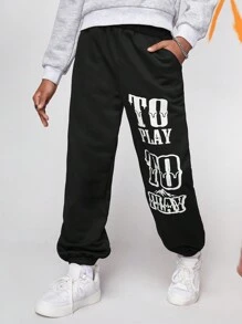 SHEIN Cậu bé Tween Đồ họa Khẩu hiệu Quần thể thao - màu đen - Xem 5