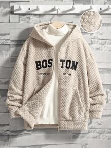 SHEIN 男大童字母刺繡落肩袖連帽夾克無衛衣 - 卡其色 - 查看 1