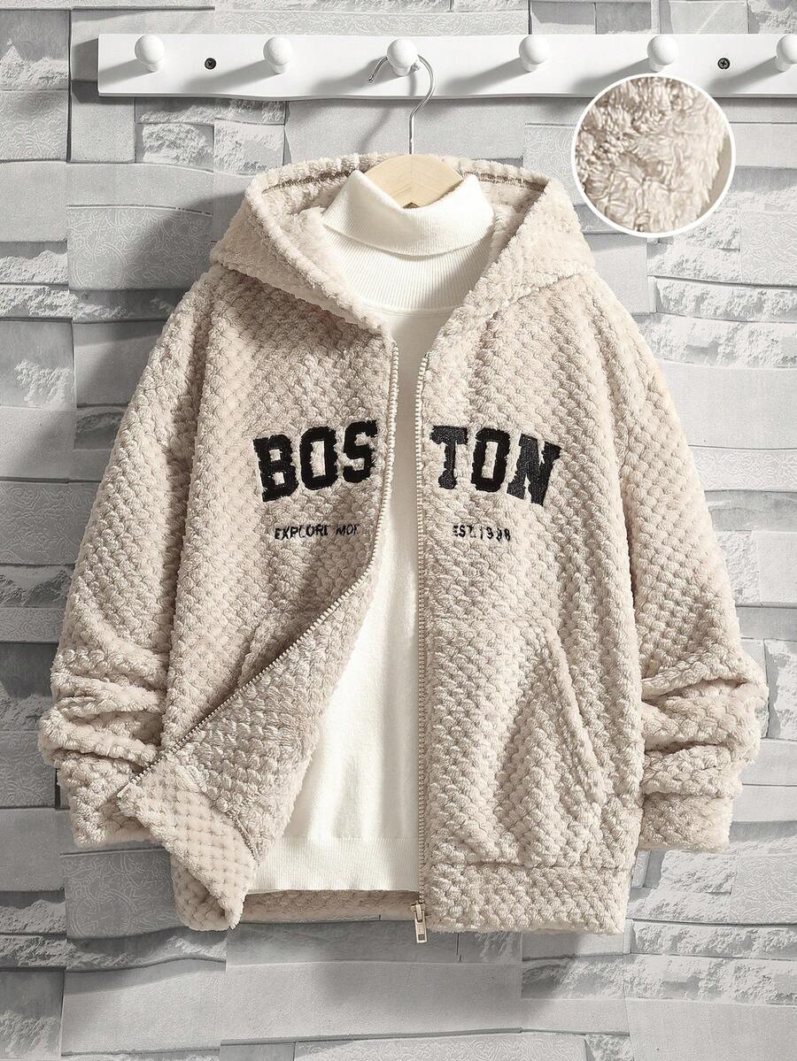 SHEIN 男大童字母刺繡落肩袖連帽夾克無衛衣 - 卡其色 - 查看 1