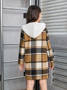 Cô gái Tween In kẻ sọc áo có mũ Cái cổ Túi Kép áo - Màu Khaki - Xem 2