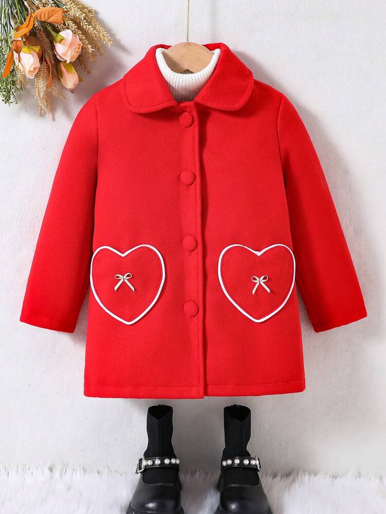 Young Girl 1pc Heart Pattern Button Front Overcoat