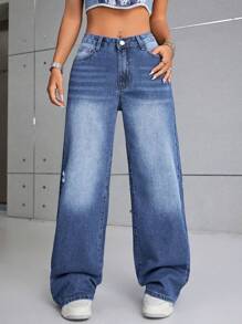 SHEIN EZwear Ripped Wide Leg Jeans - Dark Wash - View 6