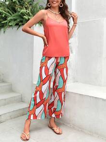 SHEIN VCAY Solid Cami Top & Patchwork Print Wide Leg Pants - Multicolor - View 5
