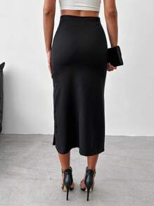 SHEIN Cottnline High Waist Ruched Split Thigh Skirt - Black - View 2