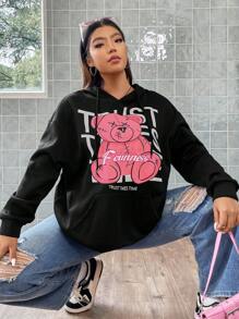 Flirla Áo nỉ cỡ lớn in hình gấu và khẩu hiệu, có túi kangaroo, vai rớt và dây rút. - màu đen - Xem 5