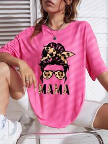 SHEIN EZwear Figure & Letter Graphic Drop Shoulder Tee - Hot Pink - View 1